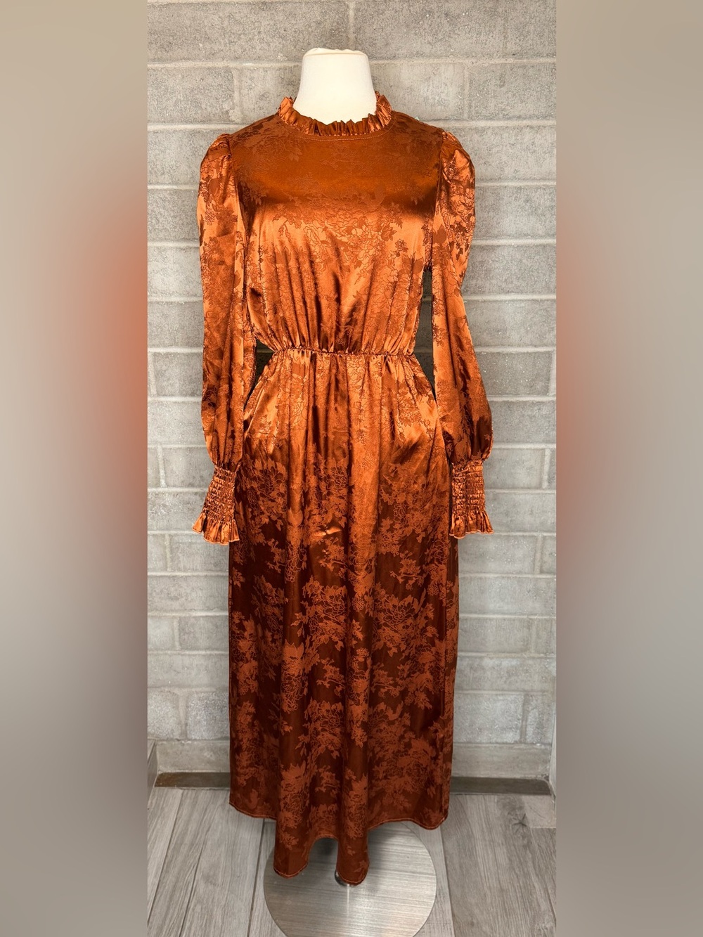 Rust Satin Jacquard Midi Dress Puff Sleeve Mock Neck Cottagecore Boho - Picture 6 of 14